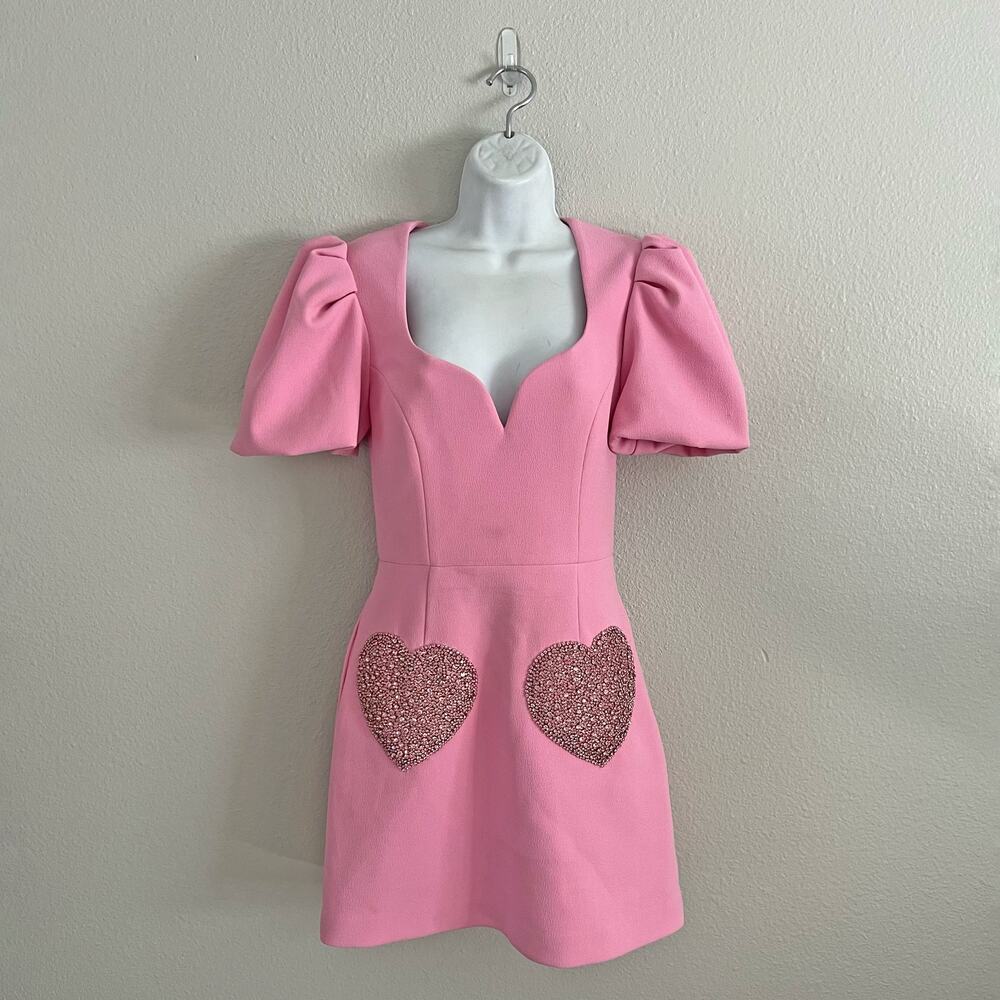 Rebecca Vallance Rochelle Mini Dress Candy Pink Heart Valentine Puff Sleeve Sz 2 - Picture 2 of 8